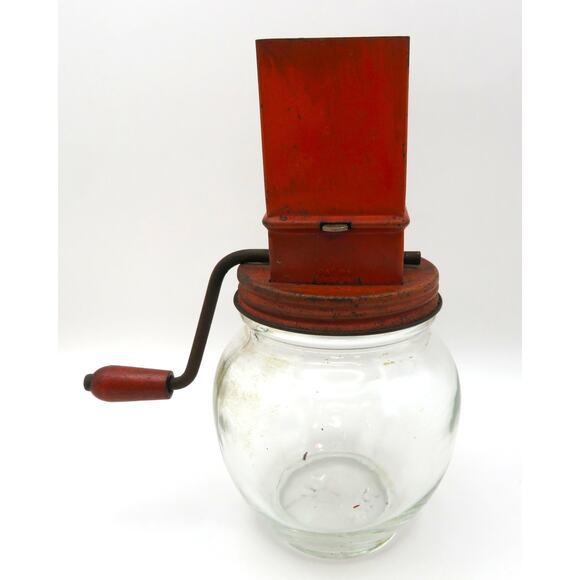 Vintage Androck Nut Meat Chopper with Glass Jar Red Metal Top Farmhouse Kitchen - Picture 4 of 15